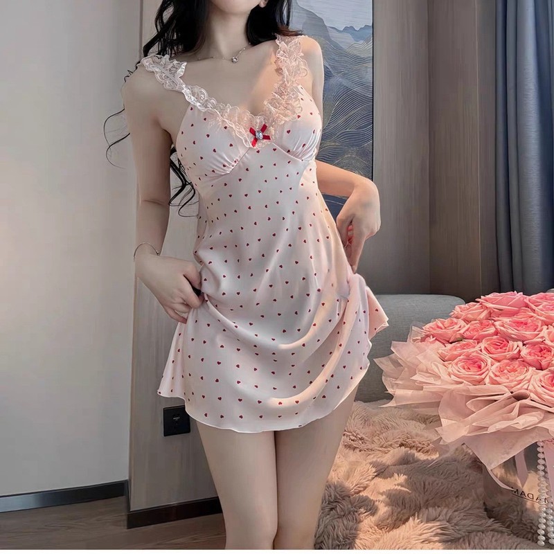 Love and Love Sexy Small Chest Pajamas Uniform Pure Desire Wind Wave Point Sling Nightgown Clothes Women's Bow with Chest Pad