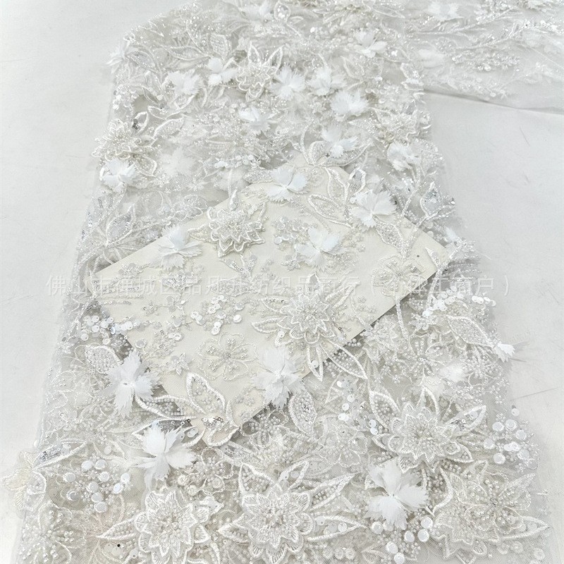 Tejido bordado de moda romántico vestido de boda tela de moda Gaoding tela bordada de doble decal hecha a mano