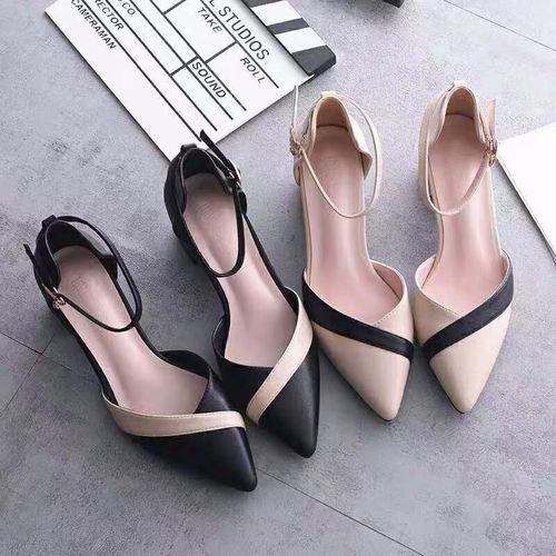 Women's  New Korean Style Spring Summer Flat Sandals with One Strap, Thick Heel, Medium Height, Versatile Color Block Pointed Toe High Heels
