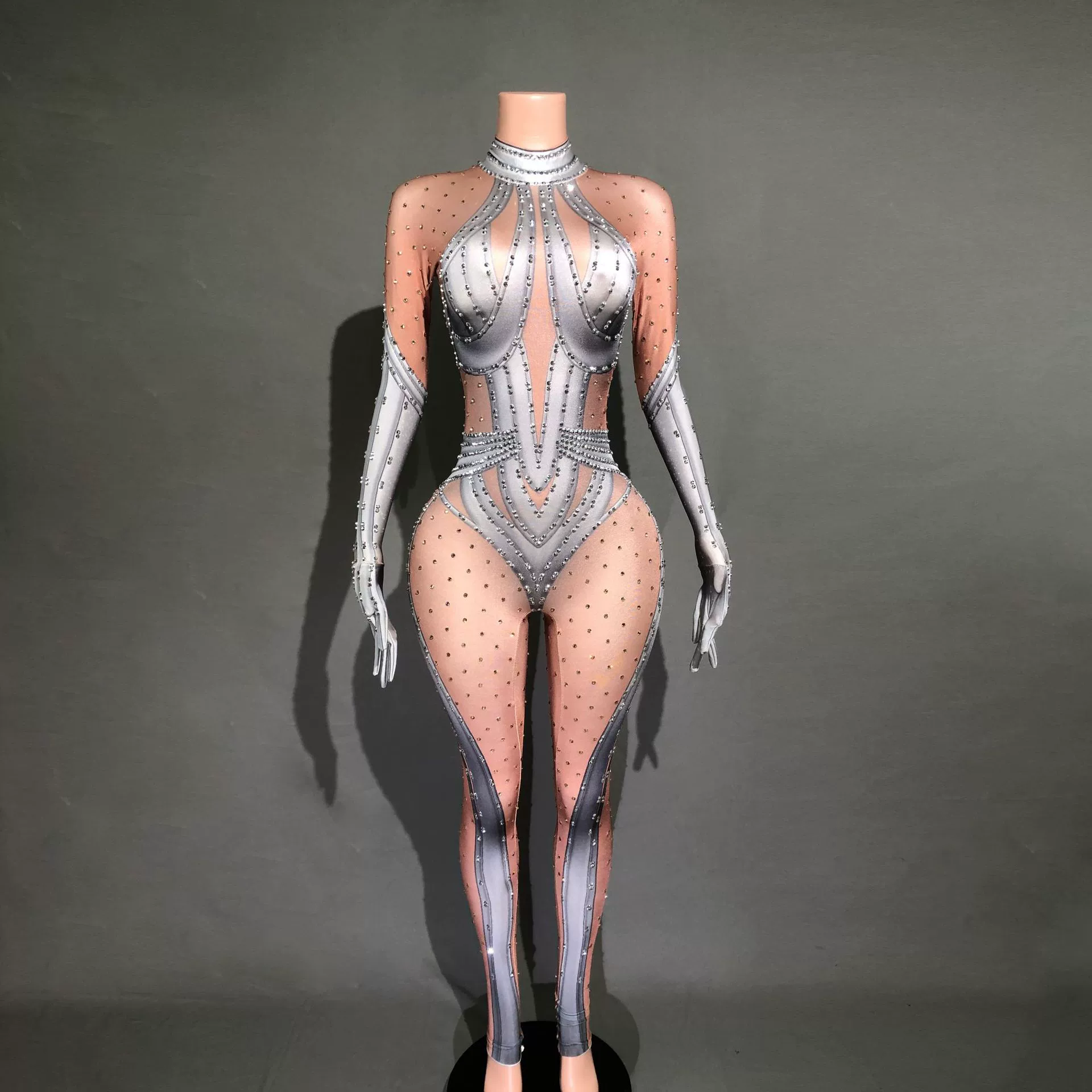 Европа и США трансграничная одежда для похудения со стразами и длинными рукавами для вечеринок, сексуальный перспективный комбинезон, сценическая одежда, Горячая дрель