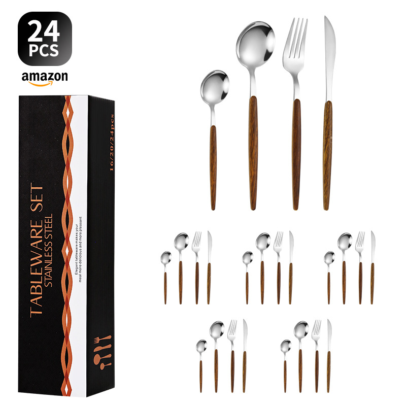 Transfronterizo de acero inoxidable vajilla portuguesa imitación mango de madera cuchillo tenedor cuchara 24 piezas traje de filete cuchillo tenedor clip mango de madera cuchara de café