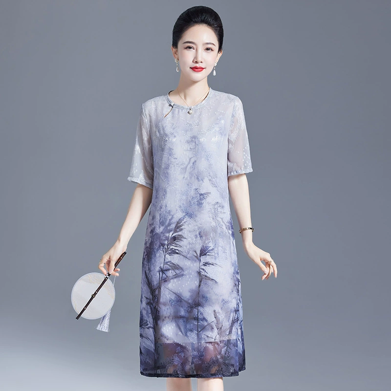 Летнее платье Hengyuanxiang для женщин среднего возраста, новинка 2025 года, короткий рукав, шифоновая юбка, большой размер, чонсам