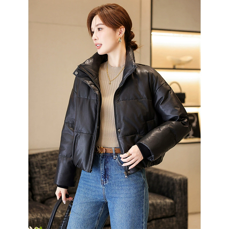 Down jacket, genuine leather exterior, goose down filling, short padded style, black