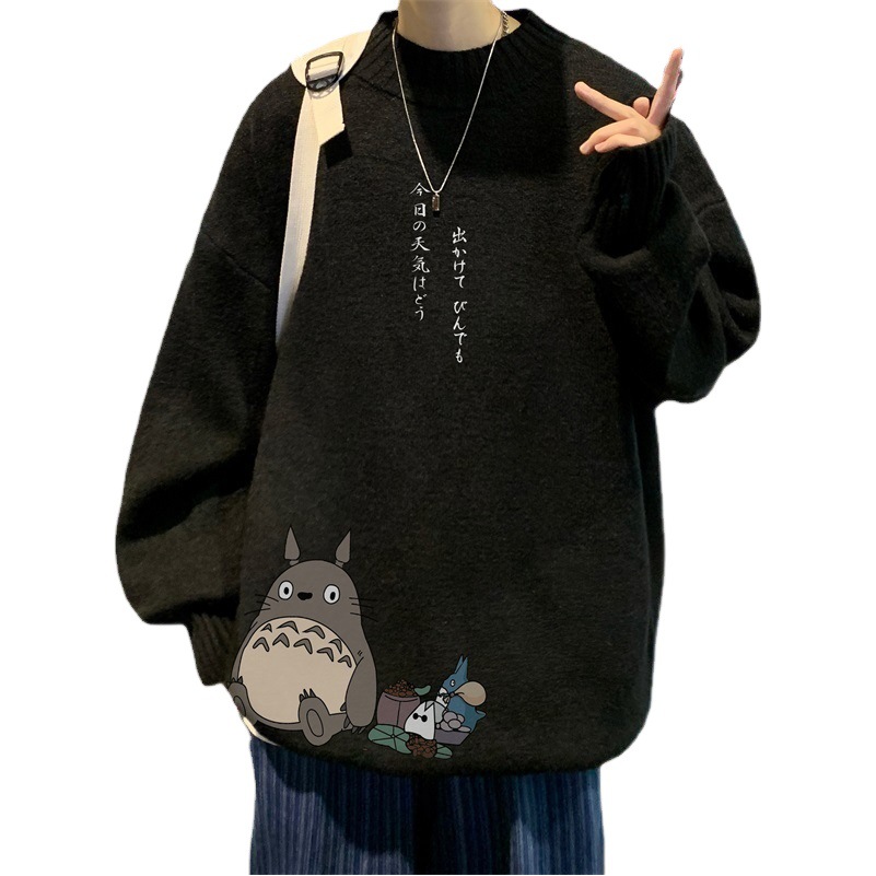 Otoño e invierno cuello redondo versátil dibujos animados impreso suéter hombres sueltos estilo universitario suéter gordo más tamaño suéter de moda