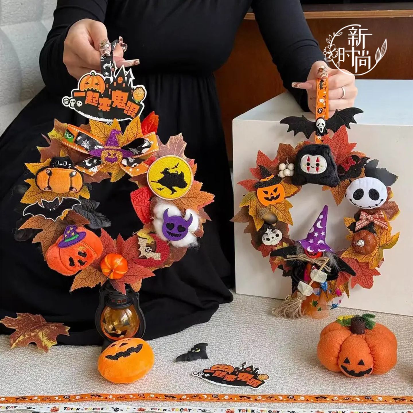 Halloween Pumpkin Garland Door Hanging Rattan Circle Decoration Party Holiday Exquisite Accessories Flower Bouquet with Funny Felt