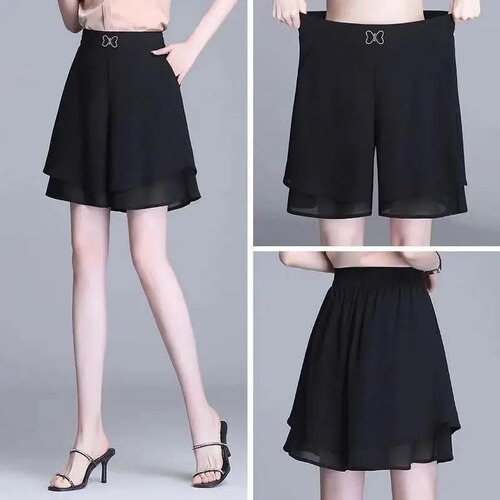 Chiffon wide-leg pants for women 2024 new summer high waist slimming loose five-tenth pants versatile elastic waist thin style skirt 