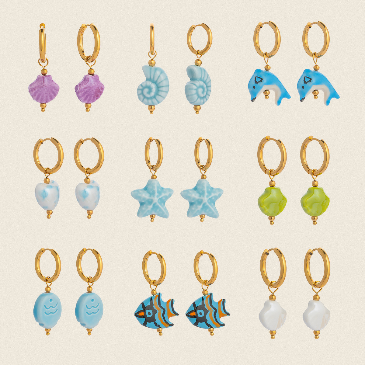 Summer Style European and American Ocean-Themed Shell DIY Pendant Earrings for Women, 18K Gold Stainless Steel, High-End and Charming Earrings Wholesale