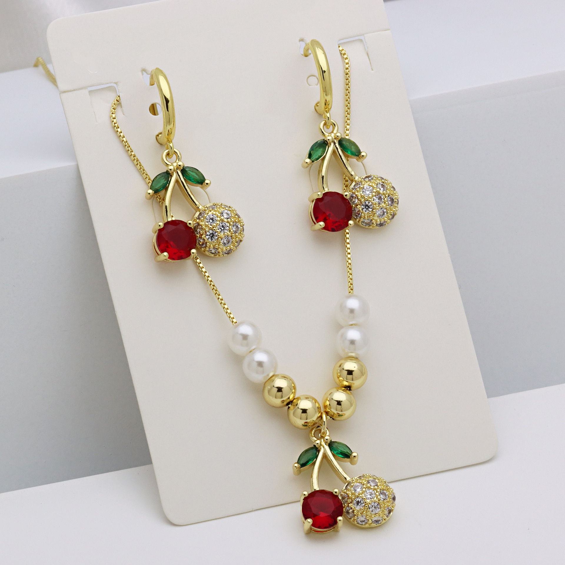 16g Weight Zircon Inlay Material Jewelry Set Classification box chain Chain Type 1 Set Quantity Holiday Occasion Copper Material Cherry Pattern All Seasons Season Women's Gender Inlay Design Vacation, Simple Style Style Wholesale Jewelry Vacation Simple Style Cherry Copper Zircon Inlay Jewelry Set Box Chain 2