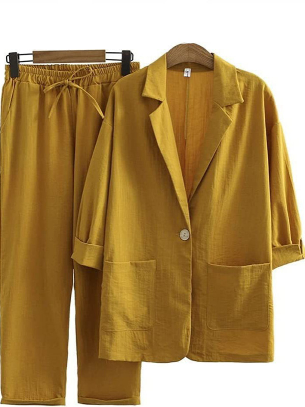 2025 Cross-Border New Women's Long-Sleeved Solid Color Large Size Suit Cotton and Linen Suit Casual Two-Piece Set for Women Wholesale