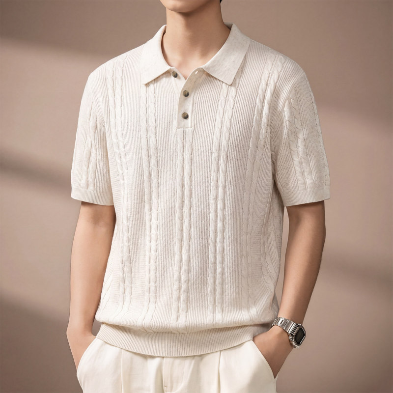 High-End Retro Old Money Style Short-Sleeved Collared Knit Shirt for Men, Summer Cable-Knit Tencel Thin Casual Polo Shirt High-End Retro Old Money Style Short-Sleeved Collared Knit Shirt for Men, Summer Cable-Knit Tencel Thin Casual Polo Shirt