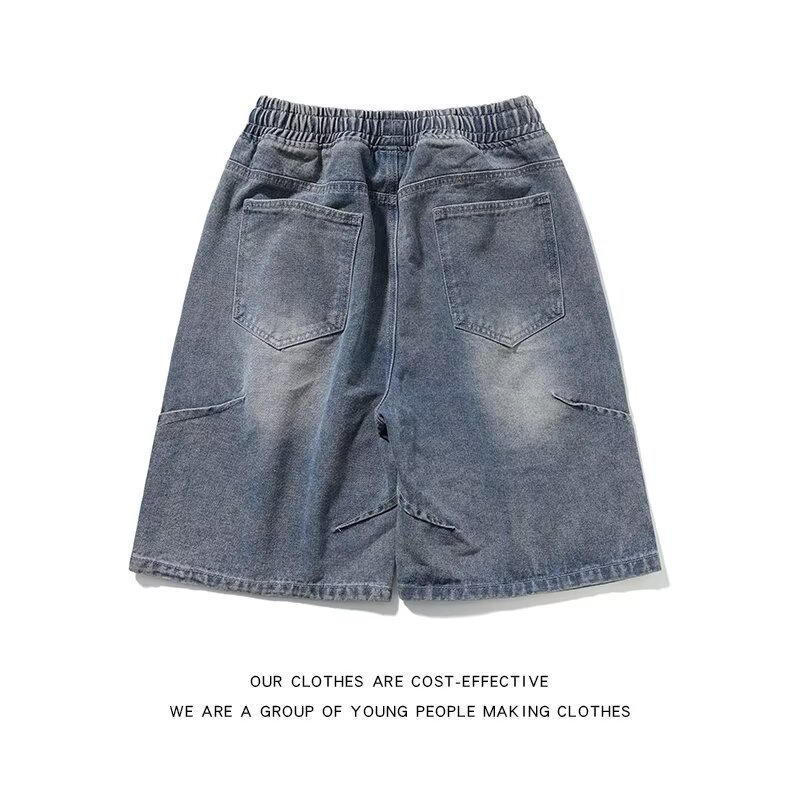Blue Denim Shorts Men's and Women's Summer New Retro Trendy Brand Five-point Pants Loose Straight Tube Old Drawstring Pants