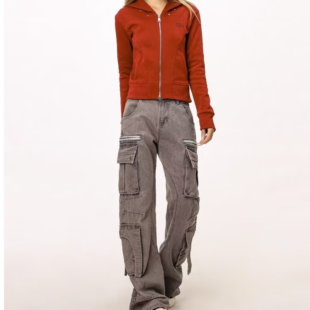 Men's Clothing High Street Streetwear Heavy Duty Cargo Jeans With Multi-Pockets & Zipper Design - Stylish Casual Work Pants In Grey (Sizes M-3XL)_mkmklike.com