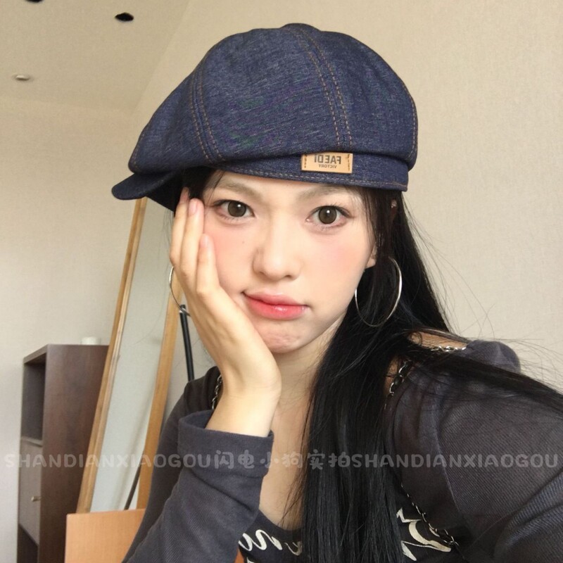 2025年新款牛仔贝雷帽子女春秋复古英伦风反戴八角帽显脸小鸭舌帽|undefined