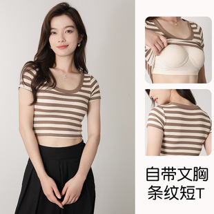 New Style Women's All-In-One Bra Stripesd Large Round Neck Short-Sleeved Navel-Baring Slim Outer Bottoming Shirt with Padded Cup
