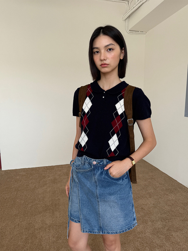 Fu miu系学院风菱格提花polo针织衫女2025秋季新款短袖羊毛衫1066|undefined