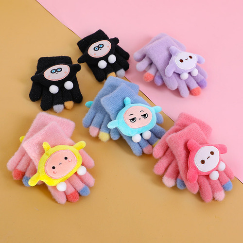 Children's Five-Finger Mittens Winter for Both Boys and Girls, Separated Finger Warm Mittens for Older Children, Cartoon Plush Thick Anti-Frost Mittens