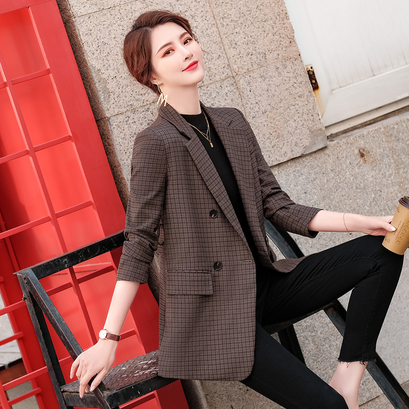 咖啡色格子西装外套女长袖中长款春秋新款韩版气质英伦风西服上衣|ms