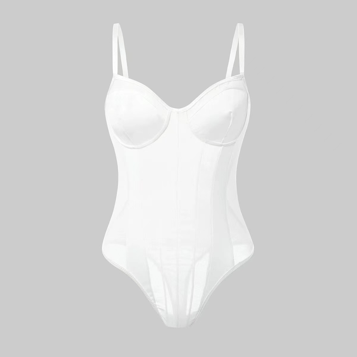 Body de mujer europeo y americano, estilo otoño 2024, sexy, ajustado, transparente, con malla, tirantes finos y cintura alta. image 7