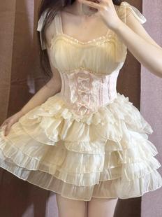 夏季新款芭蕾風設計Lolita吊帶連衣裙女粉色蝴蝶結蕾絲拼接蓬蓬裙