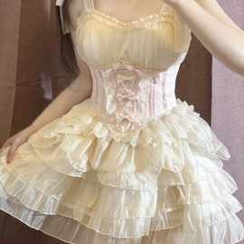 夏季新款芭蕾风设计Lolita吊带连衣裙女粉色蝴蝶结蕾丝拼接蓬蓬裙