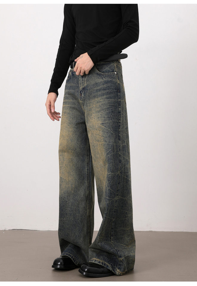 Quần jeans nam dáng rộng ống suông phong cách retro Mỹ, râu mèo xanh, giặt mài làm cũ — Xanh cổ điển chi tiết 17
