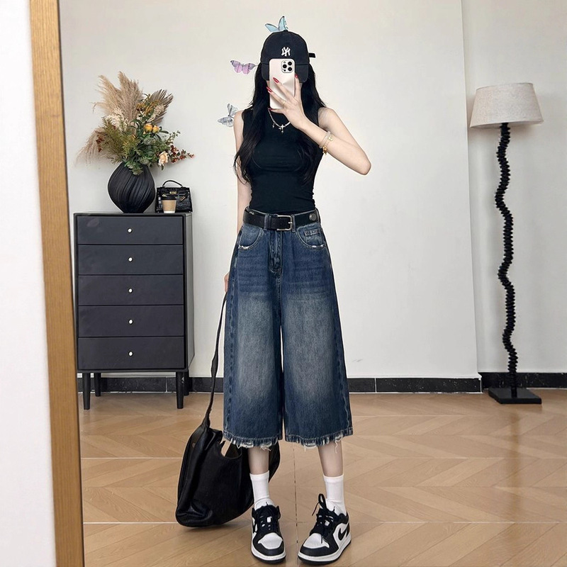 American Retro Style Distressed Loose-Fitting Cropped Jeans for Women, Summer Thin High-Waisted Slimming Relaxed Casual Cropped Pants
