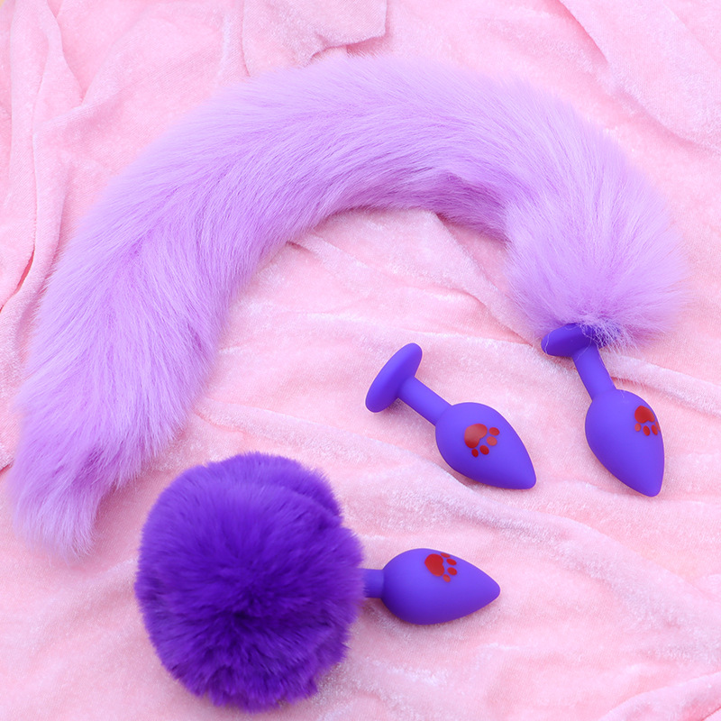 Fox Tail Anal Plug Three-Piece Set, Cat Paw Print Silicone Beads, Black — detail image 2