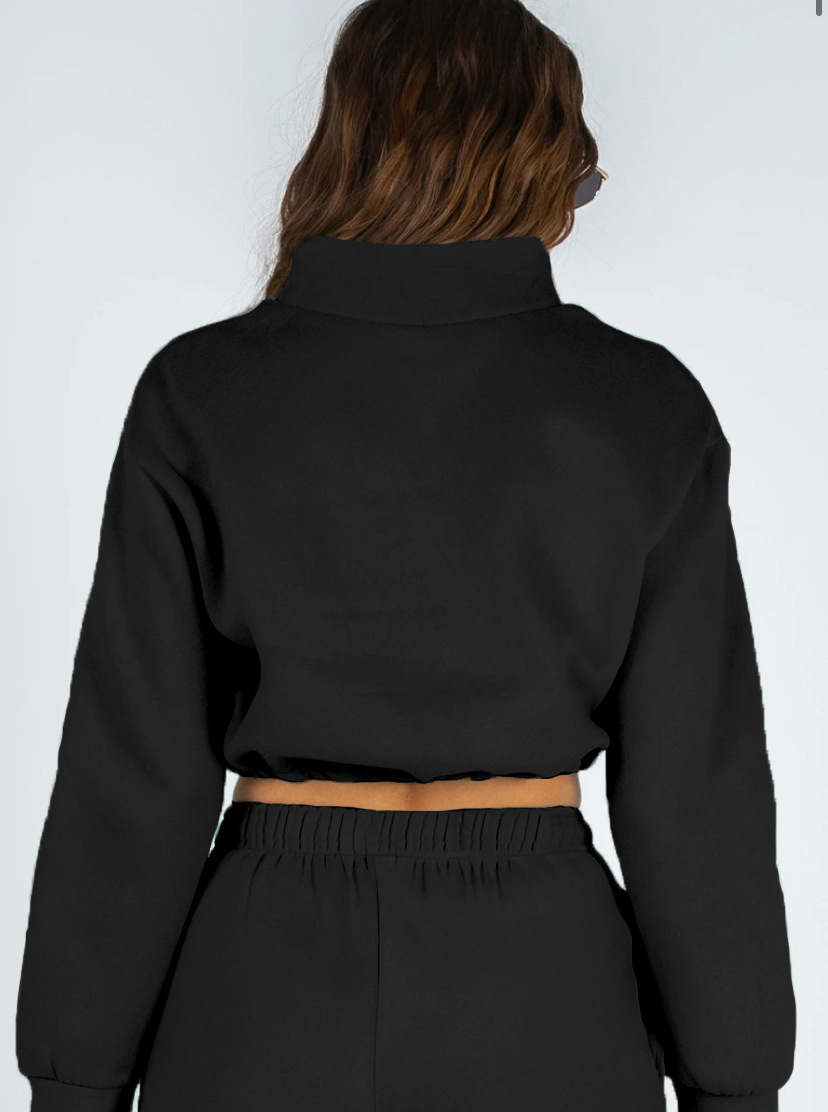 Women's Clothing 2024 autumn and winter solid color stand up collar zipper drawstring navel baring plus velvet sweatshirt casual sweatpants suit_voghion.com