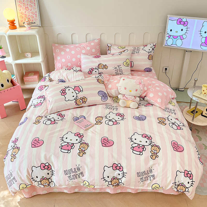 Cross-border cotton bed hat four-piece cartoon KT cat cotton bed bag Sanrio quilt cover sheet three-piece factory wholesale Cross-border cotton bed hat four-piece cartoon KT cat cotton bed bag Sanrio quilt cover sheet three-piece factory wholesale