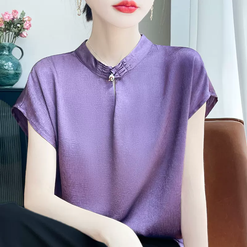 高级感缎面琉光新中式国风短袖女宽松显瘦落肩背心时尚百搭薄小衫