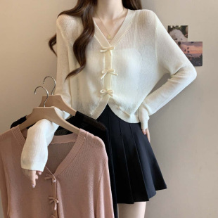 2025 New Summer Style Bow-Knot Cut Out Breathable Knitted Cardigan Sun Protection Shirt Large Size Versatile Blouse Top