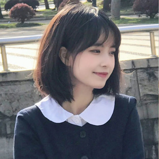 Wig black brown short hair female air bangs bobo simulation girl round face wave head full head cover