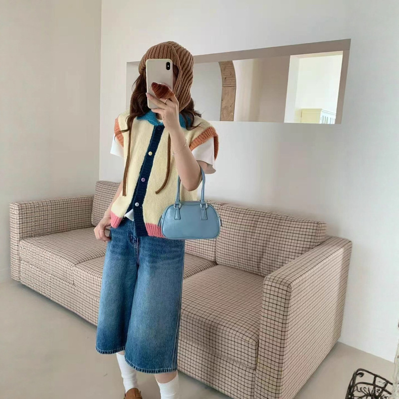 韩系撞色针织马甲 Polo 领设计彩色纽扣显瘦软糯针织毛衣背心女装|undefined
