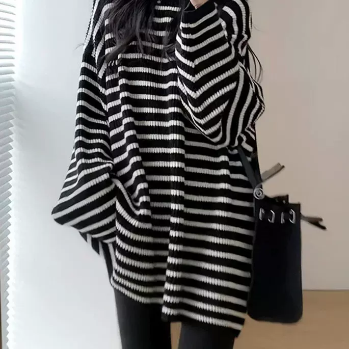 2024秋冬韩版宽松百搭慵懒风针织衫中长款黑白条纹毛衣女打底上衣
