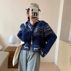クリスマス風ジャカードニットカーディガン女性ファスナー韓国系レトロ新作秋冬ショートタイプ着痩せセーターコート上着