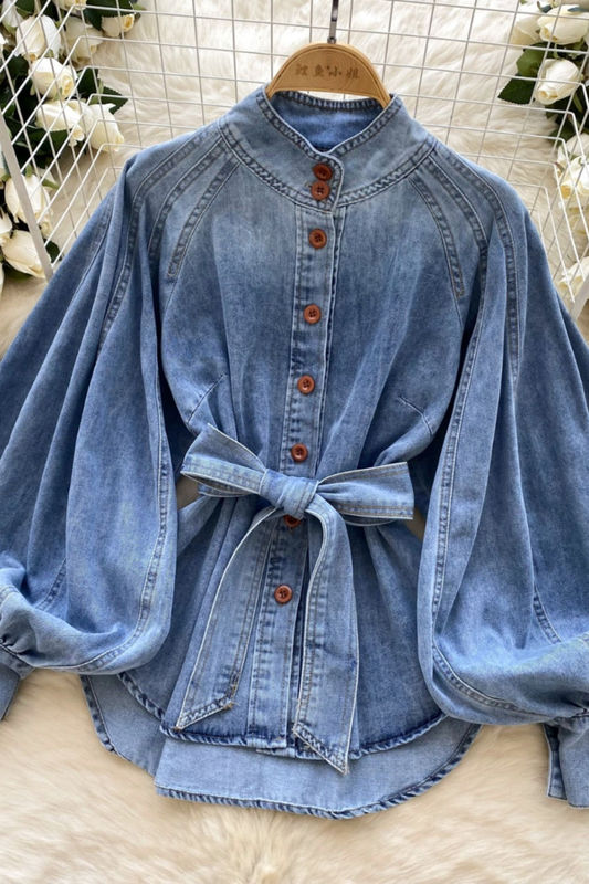 Designed Niche Lace-Up Bow Denim Shirt for Women in Spring and Autumn New Style Waist Slimming Chic Top