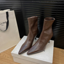 牛皮版~韩版复古风气质尖头高跟短靴女后拉链细跟真皮短筒瘦瘦靴