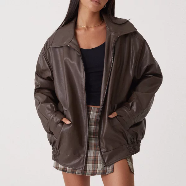 Amazon Spring and Autumn Explosions European and American Leather Jacket Motorcycle Style Loose Top Lapel Loose Waist PU Leather Jacket Women