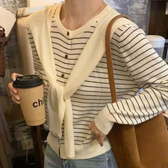 小众别致披肩两件套毛衣女高级感条纹圆领单排扣毛织针织开衫