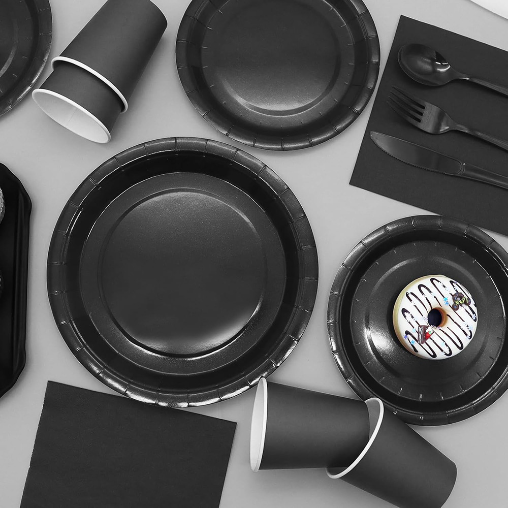Disposable Tableware Set For Parties, Solid Black Paper Plates_voghion.com