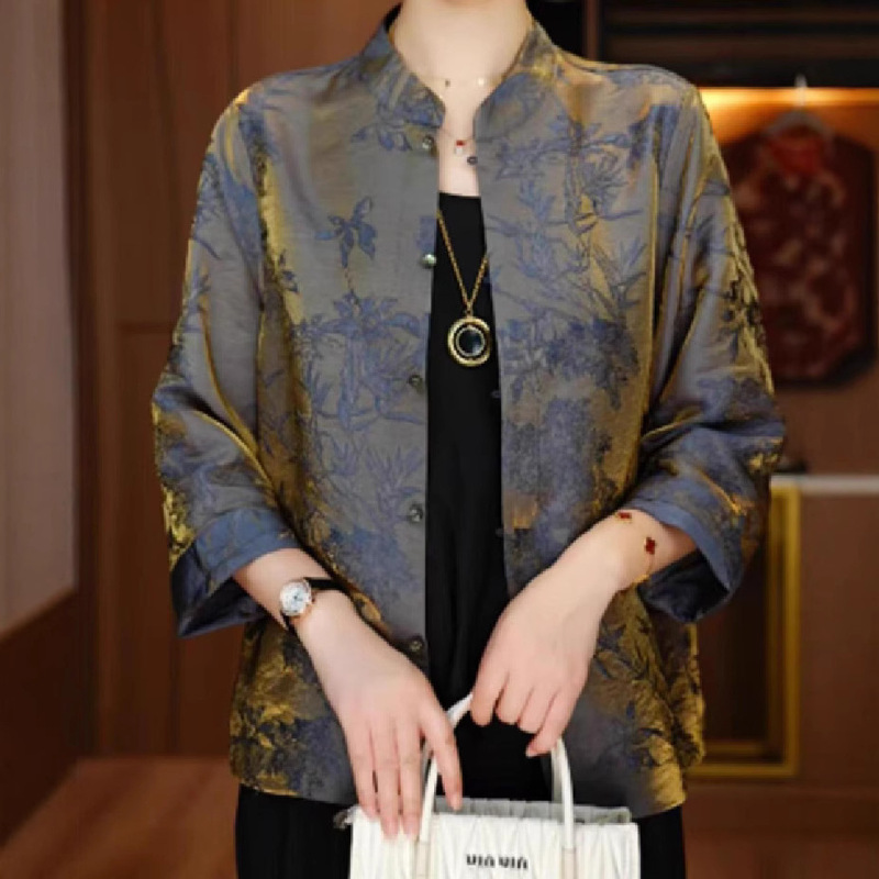 2025 Autumn Mom's Satin Casual Mid-Sleeve Shirt Middle-Aged Temperament Shirt Loose Chinese Style Top