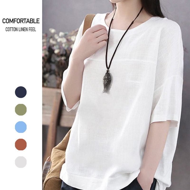 Summer New Style Literary Style Pure Color Casual Short-Sleeved Cotton and Linen Loose Bottoming Shirt Plus Size Women's T-Shirt Summer New Style Literary Style Pure Color Casual Short-Sleeved Cotton and Linen Loose Bottoming Shirt Plus Size Women's T-Shirt