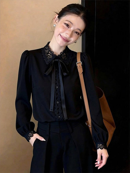 Retro lace spring black elegant shirt with bow
