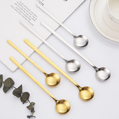 Stainless steel small round spoon household long handle coffee stirring spoon dessert spoon high appearance golden ice spoon honey spoon wholesale