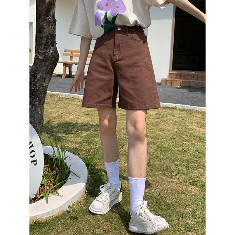 Brown Denim Shorts for Women 2026 Summer New Style Ins American Retro High-Waisted Slimming Straight-Leg Five-Point Pants Trendy