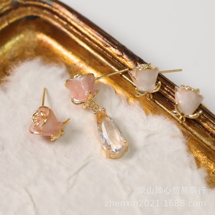 Color-preserving Copper Plated Real Gold Romantic Gentle Three-dimensional Rose Bud Earrings and Ear Clips Semi-finished DIY Handmade Accessories