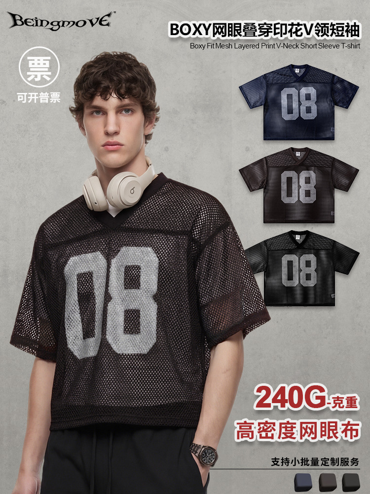 Calle secada| Calle de verano americano BOXY impresión de malla camiseta de manga corta camiseta deportiva casual versátil chaqueta de moda para hombres