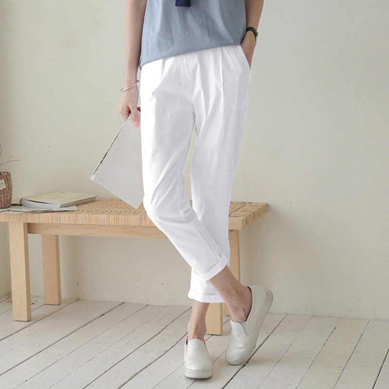 Women's High-Waisted Harem Pants 2026 Spring/Summer Casual Elastic Waist Cotton Linen Cropped Trousers Versatile Fashion_ecoleips.com