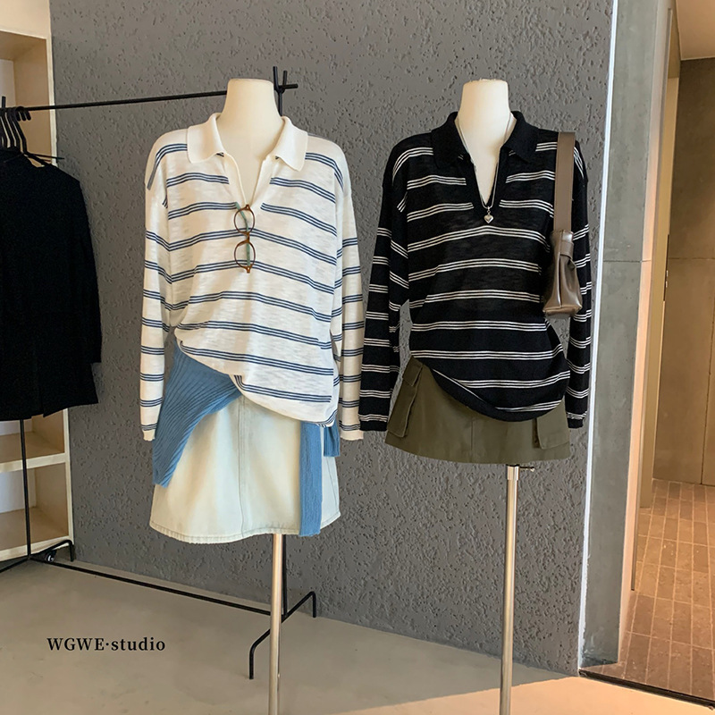 WGWE6855条纹V领微透薄款T恤百搭防晒罩衫翻领上衣|undefined