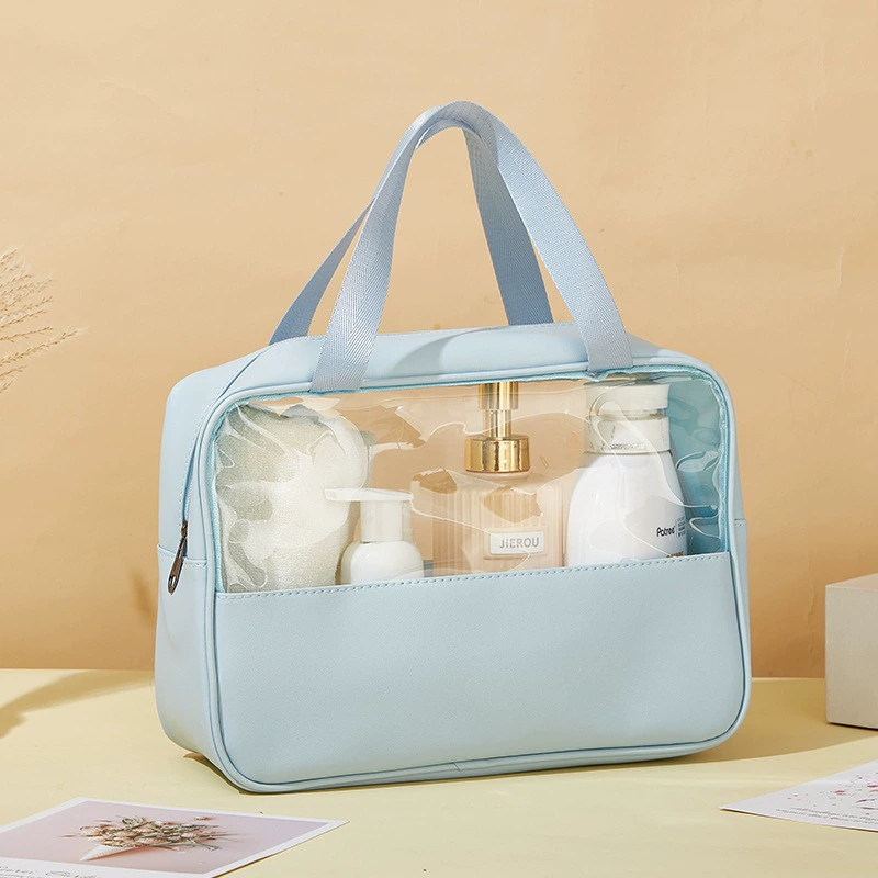 Capacious waterproof cosmetic bag PVC, polyurethane handheld organizer bag for traveling